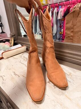Suede Tan Western Ankle Boots - Classic Pointed Toe